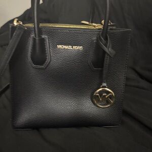 Michael Kors Black Leather Shoulder Bag with Gold Accents
